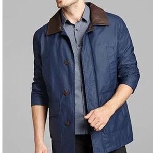 Lambskin waxed Cole Haan Navy Field Coat Leather Collar Cotton Nylon Car Coat L